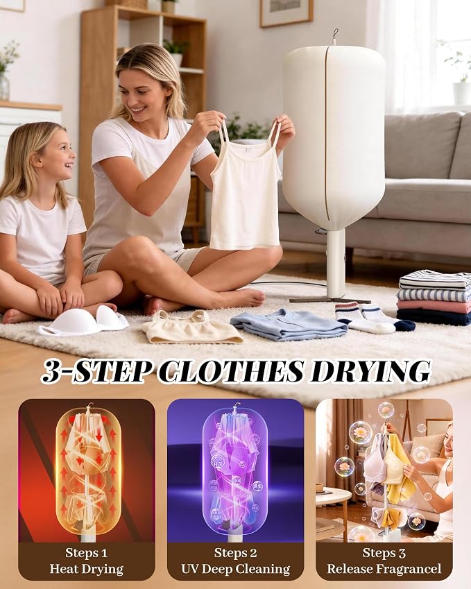 Portable Dryer for Clothes, 3/6/9-Hr Timer, Fragrance Disc, UV Care Light | Mini Compact Foldable Clothes Dryer Machine, Low Noise, Energy Saving, for Laundry Apartment RV Hotel Dorm