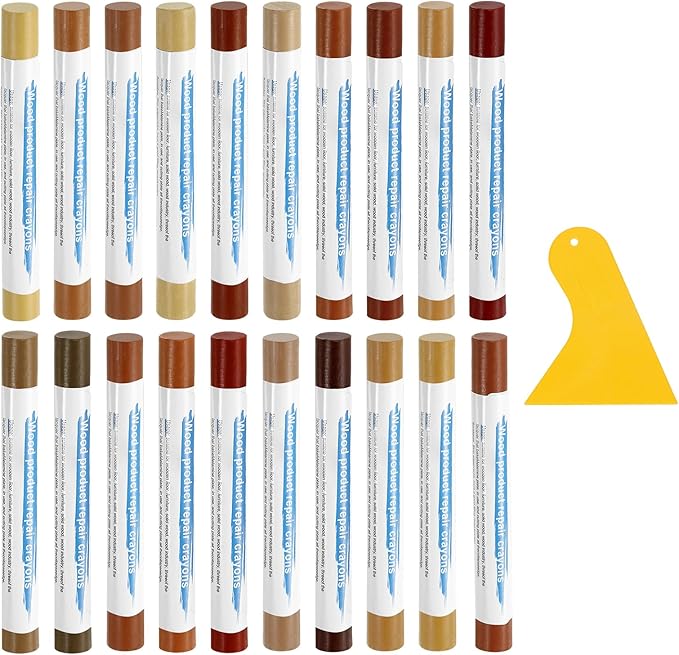 uxcell 20Pcs Wood Filler Sticks, Furniture Scratch Repair Wax Crayons Furniture Touch Up Markers Wood Repair Wax Kit with Spatula for Furniture, 20 Colors Mixed & Red Oak Series