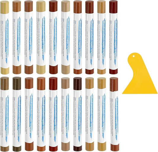 uxcell 20Pcs Wood Filler Sticks, Furniture Scratch Repair Wax Crayons Furniture Touch Up Markers Wood Repair Wax Kit with Spatula for Furniture, 20 Colors Mixed & Red Oak Series