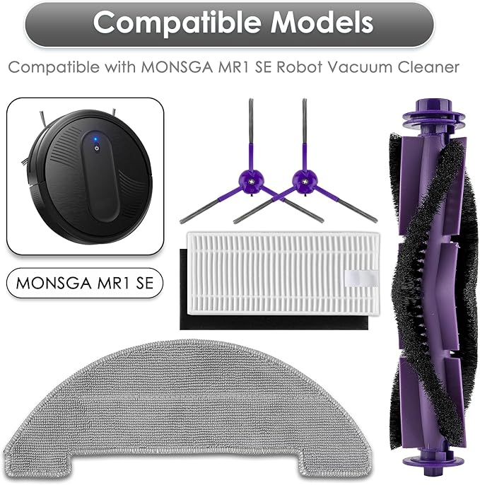 (27 Pack) MR1 SE Replacement Parts Compatible with MONSGA MR1 SE Robot Vacuum Cleaner, 2 Roller Brushes, 10 Side Brushes, 10 HEPA Filters with Foam Filters, 5 Mop Pads, MR1 SE Accessories Kit