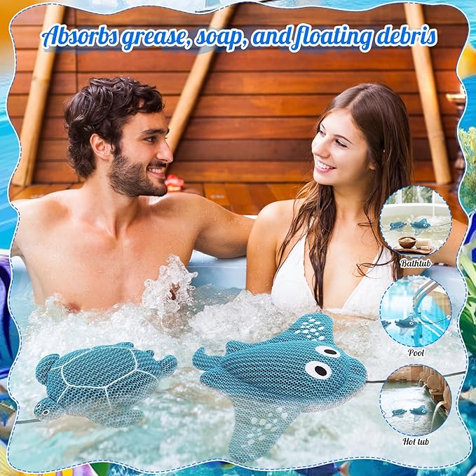 2 Pack Hot Tub Scum Absorber, Reusable Washable Scum Hot Tub Sponge for Spa Pool Cleaner Oil Absorbing Adults, Turtle Devilfish