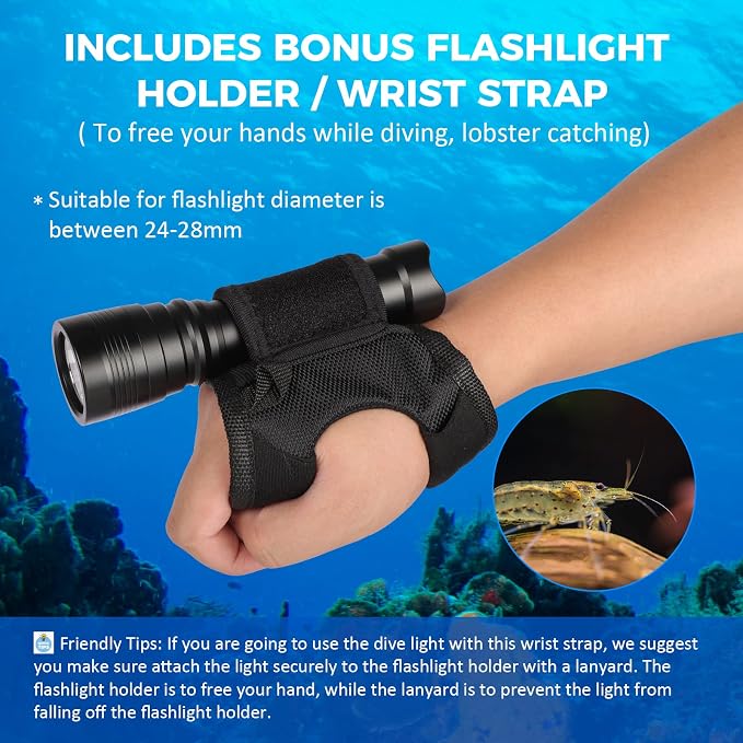 WD43PRO Scuba Diving Light, 1050 Lumens Dive Torch, Underwater 150m Waterproof Flashlight with Wrist Strap, 4 Modes Compact Backup Light for Night Diving, Snorkeling, Cave