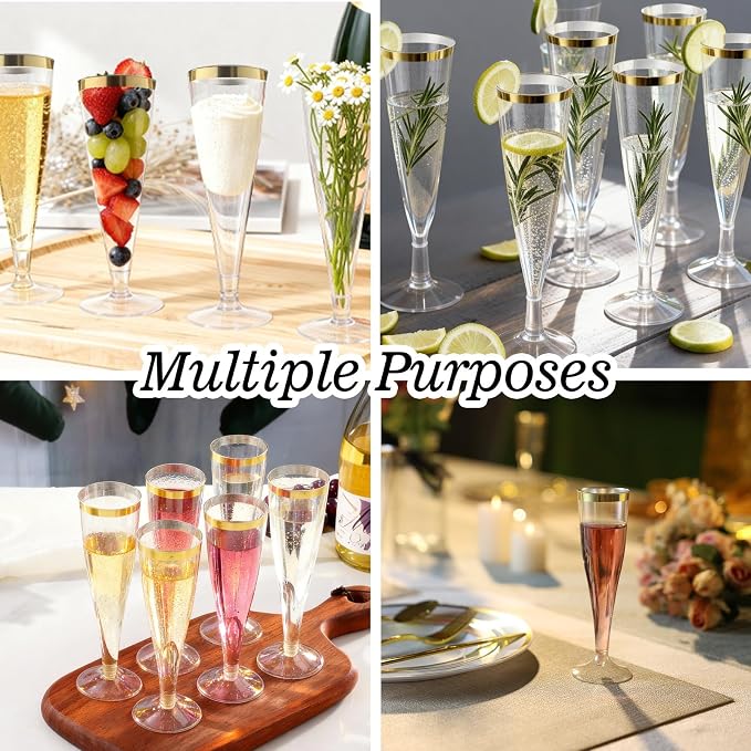 Bestluck 100 Pack Champagne Flutes Plastic, 4.5 oz Gold Glitter Plastic Disposable Stemware with Gold Rim, Disposable Champagne Flutes for Party, Mimosa Bar, Wedding, Anniversary and Graduation