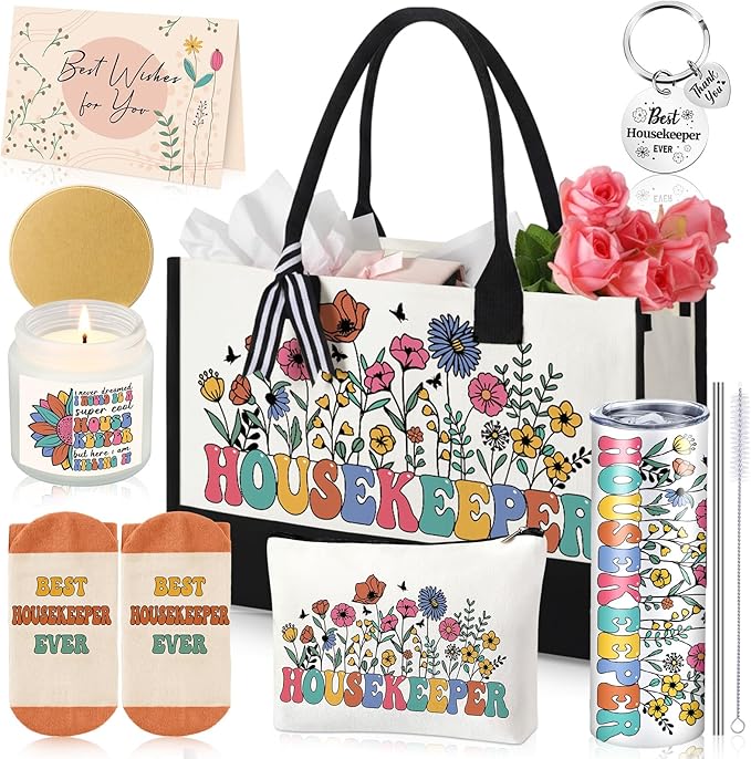 Patelai 7 Pcs Housekeeping Appreciation Gifts Thank You Housekeepers Birthday Gift Set with 20 oz Tumbler Canvas Tote Makeup for Mother's Day Housekeeper House Cleaner Employees Staff