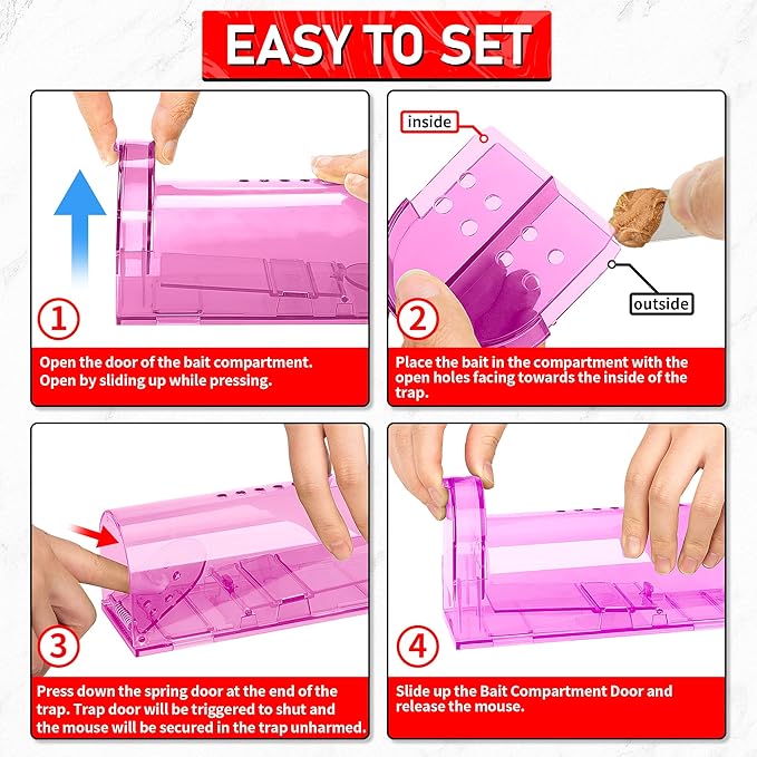 LULUCATCH Humane Mouse Traps 2 Pack | Live No Touch Catch and Release No Kill Rodent Traps | Reusable with Cleaning Brush | Pet Safe Indoor Outdoor for Mice, Rats, Chipmunks, Voles, Pink