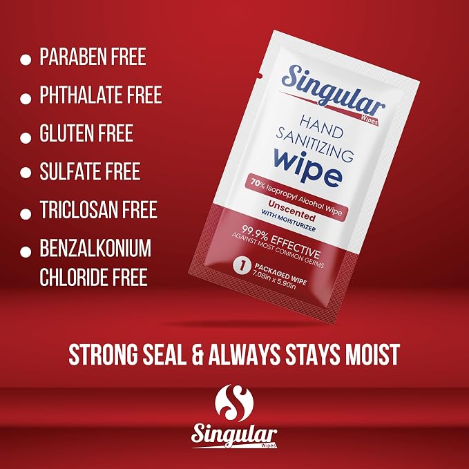Hand Sanitizing Wipes Travel Size by Singular Wipes –100ct Individually Wrapped | Fragrance-Free, Moisturizing, 70% Isopropyl Alcohol Wipes | Travel, Home, Office, Daily Use