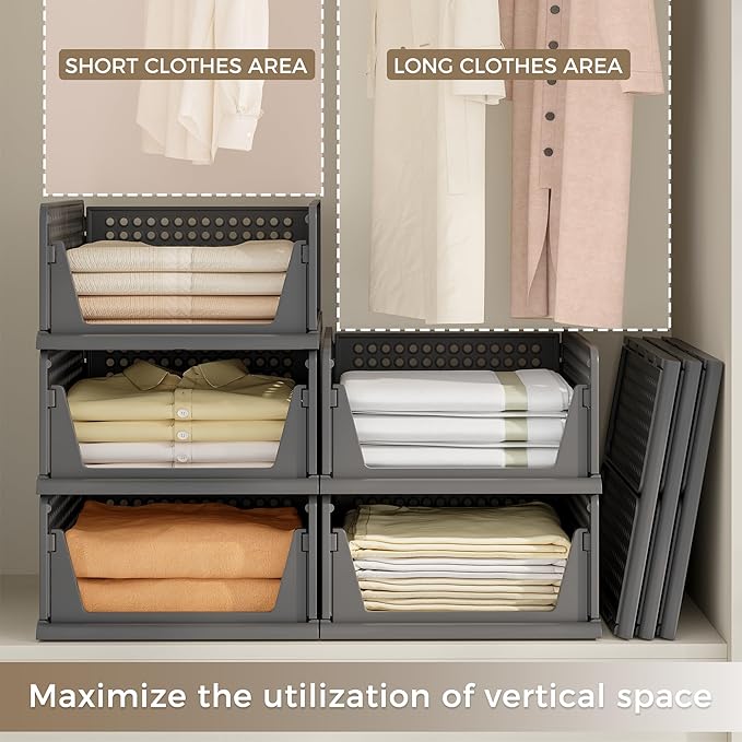 Pinkpum 8 Pack Closet Organizers Storage Bins, Stackable Plastic Drawer Basket for Clothing, Stackable Storage Bins Shelf Storage Container for Closet Wardrobe Bedroom Bathroom Office Black