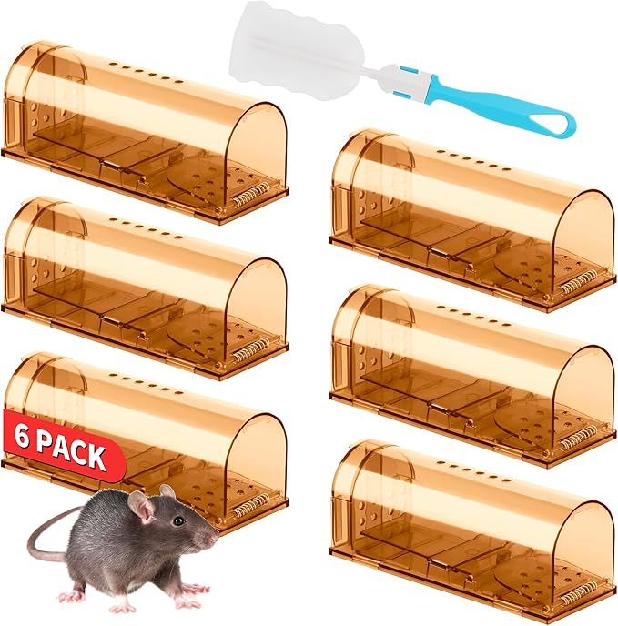 LULUCATCH Humane Mouse Traps 6 Pack, No Touch Catch and Release Live No Kill Rodent Traps, Reusable with Cleaning Brush, Pet Safe Indoor Outdoor Rodent Control for Mice, Rats, Chipmunks, Voles, Brown