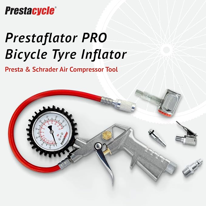 Prestaflator Bike Tire Inflator, Presta & Schrader Valve Air Compressor Tool – Works with Tubeless & Standard Tires – Bike & Car Air Compressor Tire Inflator for MTB & Road Bikes