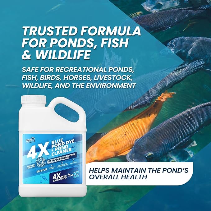 1 Gallon 4X Blue Pond Dye + Pond Cleaner, Blue Dye for Ponds and Lakes, 2-in-1 Lake Colorant + Enzymes, Makes Murky Water Clean & Beautiful, Keeps the Water Cool, Clear, and Ideal for Fish & Wildlife