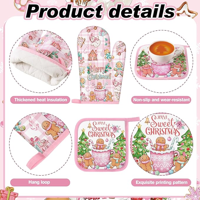 Fanfanwin 10 Pcs Winter Oven Mitts Pot Holders Kitchen Rug and Towel Set Absorbent Towels for Baking Cooking BBQ Gifts Kitchen Decor(Pink,Gingerbread Man)