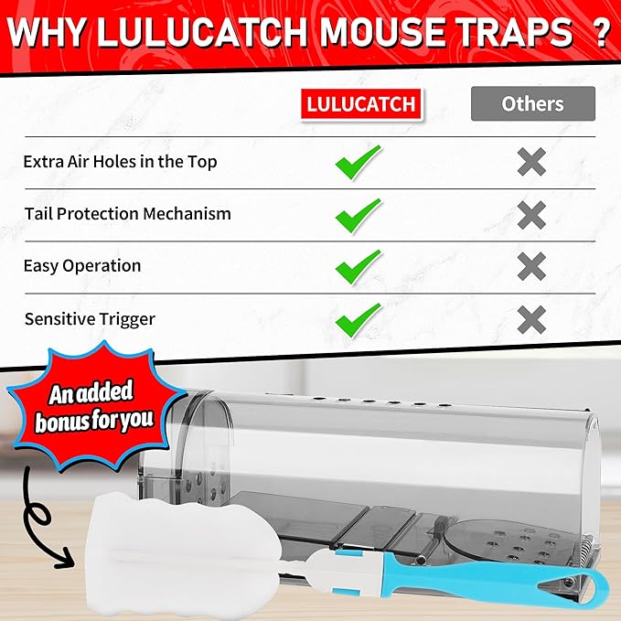 LULUCATCH Humane Mouse Traps 2 Pack | Live No Touch Catch and Release No Kill Rodent Traps | Reusable with Cleaning Brush | Pet Safe Indoor Outdoor for Mice, Rats, Chipmunks, Voles, Grey