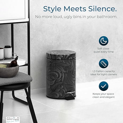 Sanilo Small Bathroom Trash Can with Lid [1.3 Gallon] - Lidded Tiny Trashcan for Garbage - Mini Metal Bin with Soft Closing Mechanism - Bath Room Accessoire Wastebin with Inner Bucket (Floral)