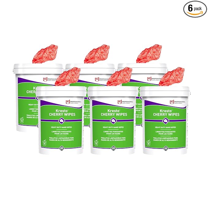 Kresto CHERRY WIPES Super-Heavy Duty Hand Cleaning Wipes, Heavy Duty Hand Cleaner, Hand Wipes, 70 Wipes, 6 Count, for Professional Use Only