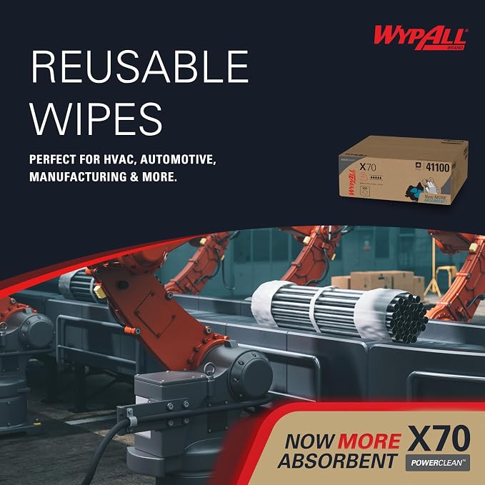 WypAll X70 Extended Use Reusable Cloths (41100), Flat Sheet Box, Long Lasting Performance, White, 1 Box, 300 Sheets