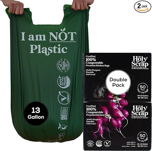 Large Compostable Trash Bags - 10-13 Gallon, 100 Pack, 100% Plastic-Free Decomposing Easy-Tie Trash Can Bags & Liners, Thick Kitchen, Bathroom & Backyard Bin Bags for Food & Green Waste