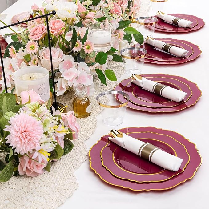 Liacere 350PCS Red Plastic Plates-Disposable Burgundy Red and Gold Plates 50guest Baroque Plastic Dinnerware include 100Plates, 50Pack Pre Rolled Napkins with Silverware 50Cups for Party & Wedding