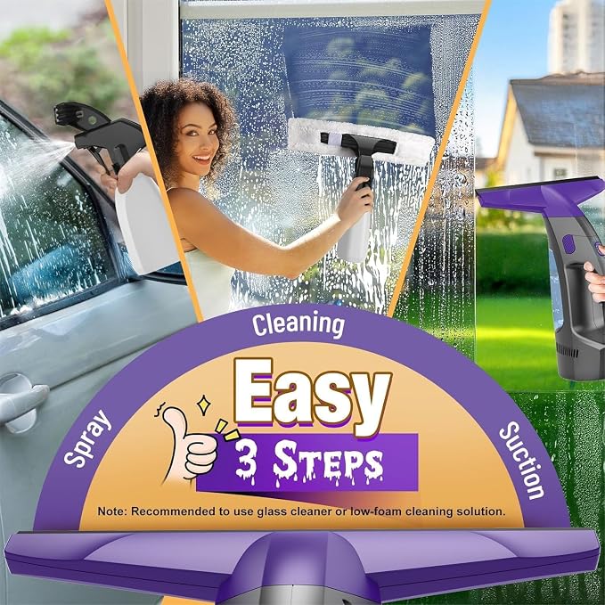 Window Vacuum Squeegee Cordless, 2000Pa Electric Window Cleaner Tool with Power Blade, Handheld Window Cleaning Kit for Streak-Free Glass, Shower Doors, Mirrors, Tiles, Car Windows