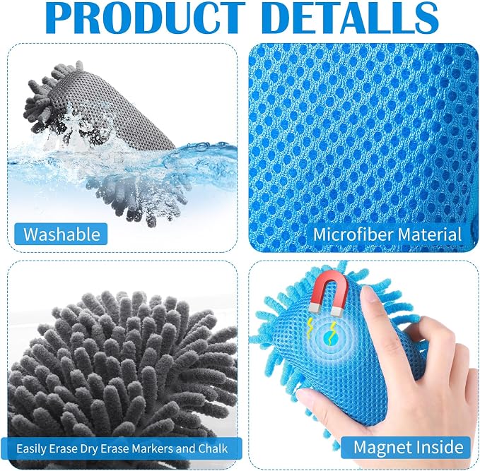 Sherr 18 Pcs Microfiber Shag Magnetic Dry Erase Erasers Washable Whiteboard Eraser Bulk Colorful White Board Eraser for Chalk Markers Home Office Adult(Blue Gray)