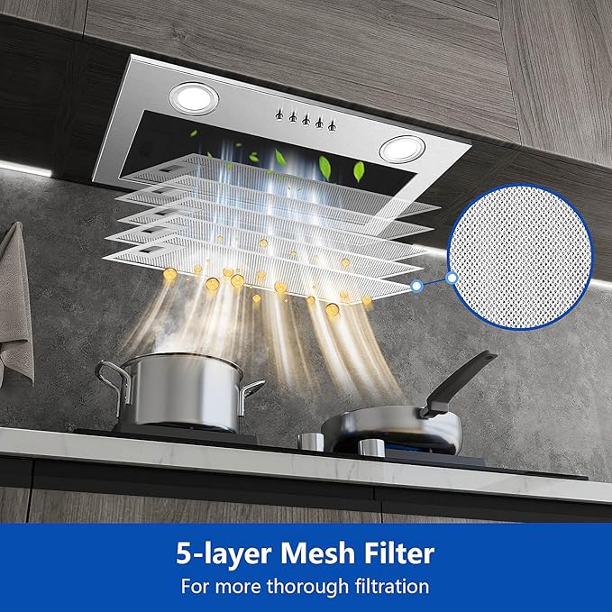 JOEAONZ Range Hood Insert 20 Inch Stainless Steel with 5-layer Mesh Filter, Hood Vent for Kitchen Built-in Mount Dual LED, Ducted/Ductless Convertible Kitchen Exhaust Fan, Push Button Control