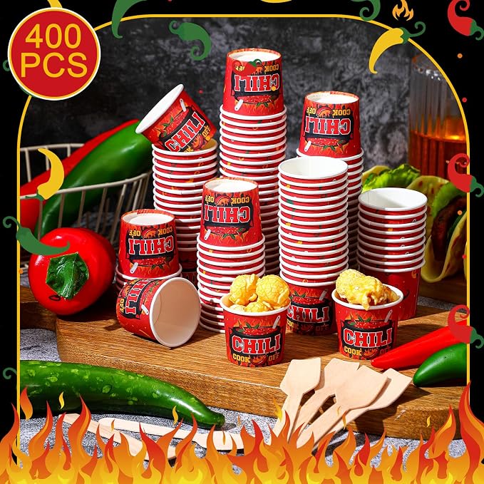Teenyyou 400 Pcs Chili Cook off Party Decorations, 200 Pcs 2 oz Mini Chili Cookoff Paper Cups and 200 Wooden Spoons Pepper Cook off Parties Decorations for Competition Prize Party Cooking Supplies