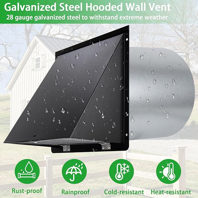 8 inch Hooded Wall Vent with Screen and Damper,Outdoor Wall Vent Cover Exhaust Vent Duct Cap,8" Exterior Vent Cover for Kitchen Range Hood Bathroom HVAC Duct Dryer Ventilation,Galvanized Steel,Black