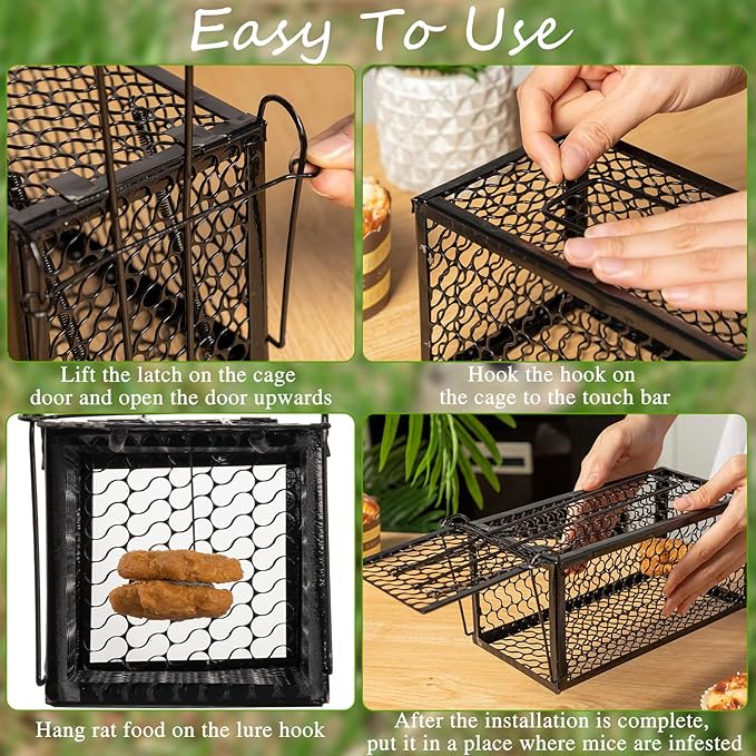 Qualirey 4 Pcs Humane Rat Trap Chipmunk Rodent Mouse Squirrel Trap 9.1 x 4.5 x 4.5 Inches Live Animal Mouse Voles Hamsters Live Cage Rat Cage for Mice Easy to Catch and Release (Black)