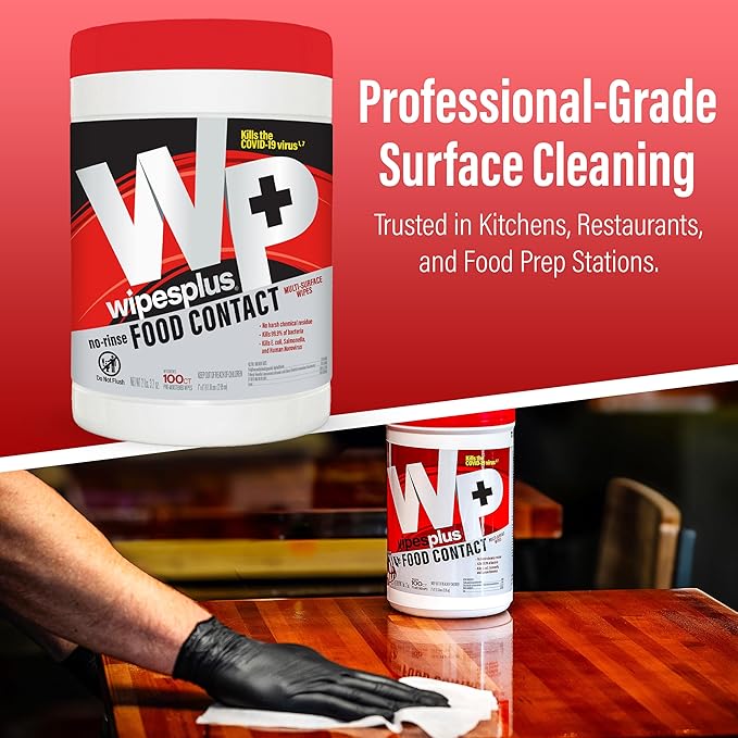 WIPESPLUS Cleaning Wipes All Purpose Food Contact - No Rinse, No Residue, Quick Dry Formula, Disinfecting Wipes For Restaurants, Foodservice, Schools - Canister, 100 Count, (Pack of 12)