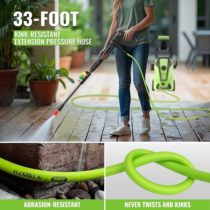 Electric Pressure Washer 5000PSI Adjustable Max 4.0GPM with 33FT Flexible Extension Hose, 4 Nozzles, Foam Cannon, Power Washer Powered for Cars, Patios, Driveways, Green
