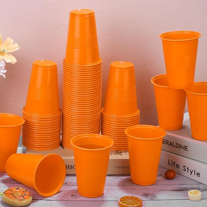 Kochorie 100 Pack Disposable Plastic Cups 16 Oz Solid Color Drinking Cups Party Supplies Strong and Sturdy Drinkware Cup For Birthday, Wedding, Thanksgiving, Fall & Daily Use, Orange