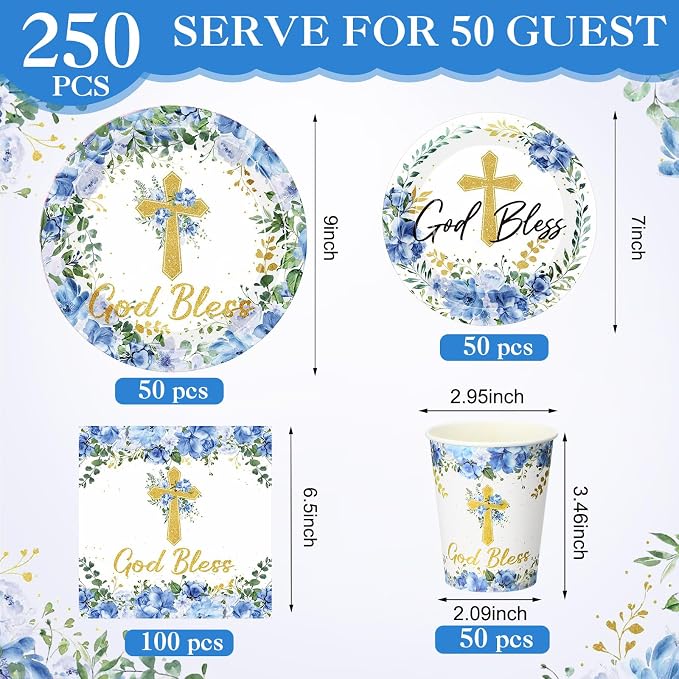 Pickmesh 250 Pcs Blue Baptism Cross Disposable Tableware Set Confirmation Baptism Disposable Paper Plates Napkins Cups for First Holy Communion Christening Baby Shower Boy Religious Supplies, Serve 50