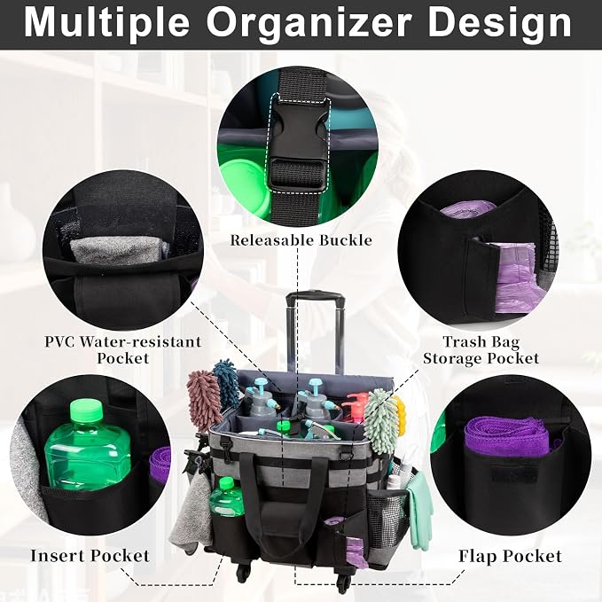 Large Rolling Cleaning Caddy with Wheels, Cleaning Supplies Organizer with Detachable Trolley, Water-resistant Cleaner Cart for Housekeepers, Multi Pocket Cleaning Cart with Strap, Gray