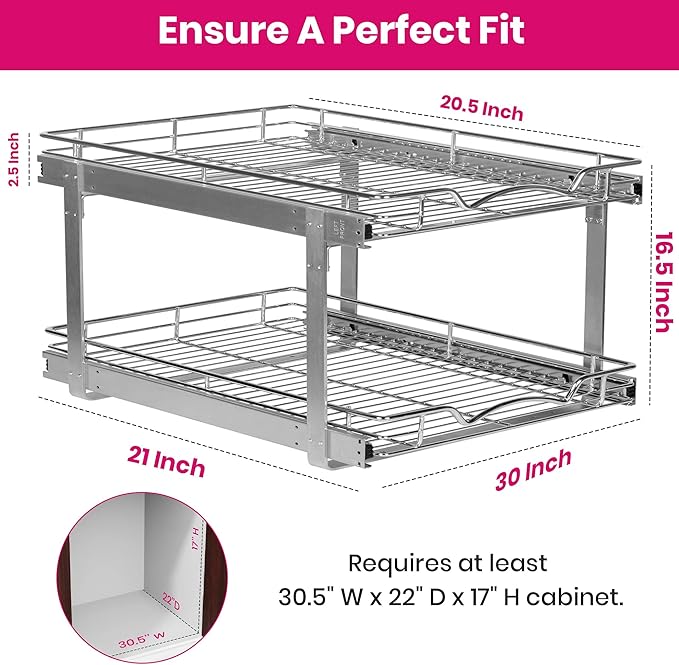2-Tier Pull-Out Cabinet Organizer with Heavy-Duty Steel Frame, Full-Extension Sliding Shelves, Holds 100 lbs, Easy Install for Kitchen, Pantry & Under Sink Cabinets, 30" W x 21”D x 16.5" H