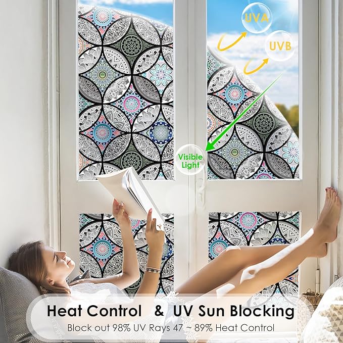 DKTIE Static Cling Decorative Window Film with Installation Tools Non Adhesive Privacy Film, Stained Glass Window Film for Bathroom Shower Door Heat Cotrol Anti UV 35.4 x 78.7 Inch