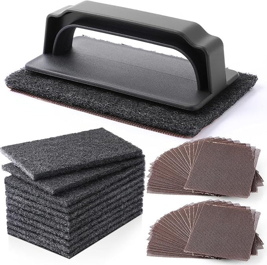 Reallnaive 31 Pcs Griddle Cleaning Kit Screen Holder Grill Screens Cleaning Pads Heavy Duty Abrasive Mesh Pads for Flat Tops, Cast Iron, Stainless Steel Griddle Cleaner Accessories Bundle (Black)