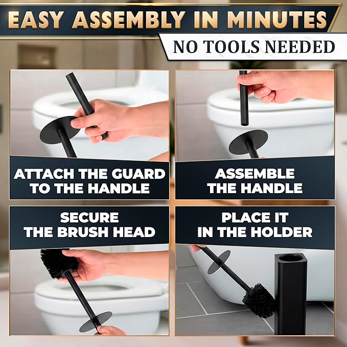 Black Toilet Brush and Holder Set - Slim Matte Design that Fits Anywhere - Stainless Steel Toilet Bowl Brush and Holder with 2 Rounded Corners, Replaceable Head, Removable Inner Bowl & Splash Guard