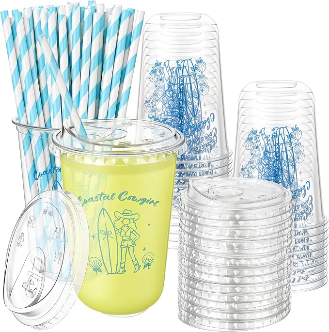 Rtteri 50 Sets Surf Cowgirl Plastic Disposable Cups with Lids and Straws 16 oz Blue Cowgirl Cups Bulk Ice Coffee Juice Drinking Cup for Summer Beach Birthday Party Decoration