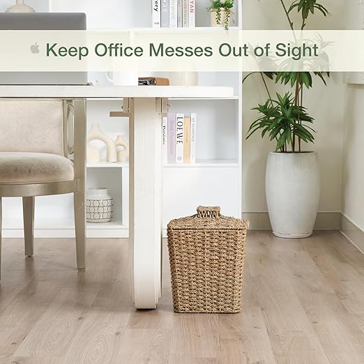 84ECO Wicker Trash Can with Lid and Liner - Rattan Trash Can for Bathroom - Decorative Wicker Waste Basket for Bedroom, Kitchen and Office (Natural Seagrass)