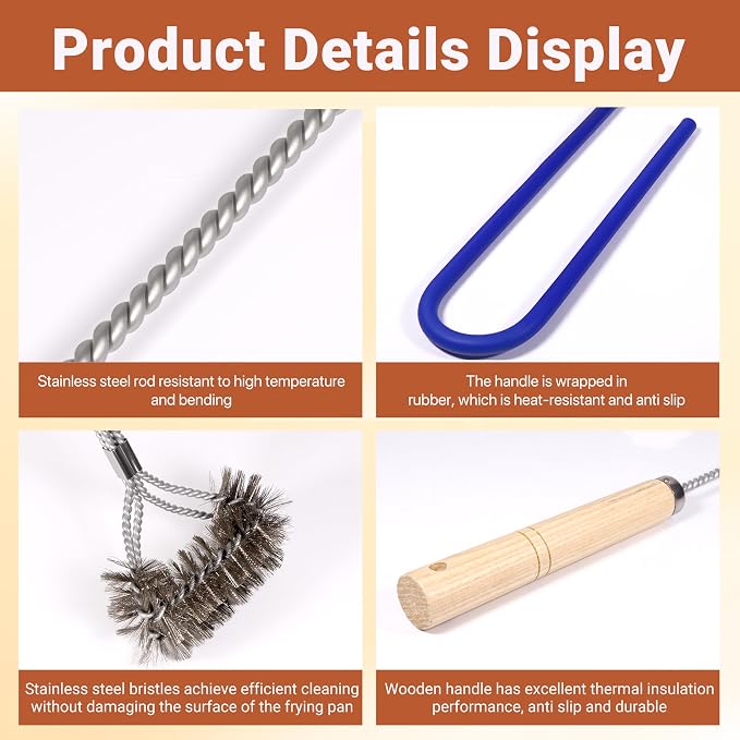 3 PCS Fryer Cleaning Tools, Deep Fryer Stainless Steel L-Shaped Brush, Cleanout Rod, Long Handle Basket Brush for Air Fryers, Deep Fryers