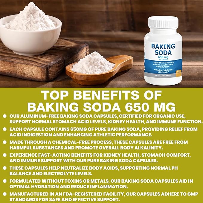 Natural Baking Soda Capsules - 650mg Baking Soda Tablets for Kidney & Stomach Acid - Sodium Bicarbonate Pills, Bicarbonate of Soda, Bicarbonato de Sodio para Tomar, Sodium Bicarbonate 650 mg Tablets