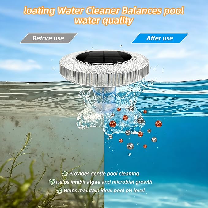 Fistone Solar Pool Ionizer with LED Light & Remote Control - Copper Floating Pool Cleaner for Above Ground & Inground Pools (Up to 45,000 Gallons)