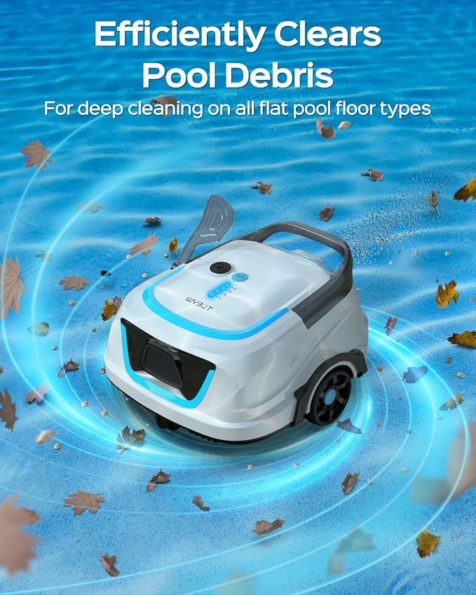 WYBOT A1 Robotic Pool Cleaner – Dual Layer Filtration, Strong Suction, 130 Mins Runtime, Robot Pool Vacuum for Above Ground & Flat Pools up to 1,100 Sq. Ft., 4 Cleaning Modes,White with Blue Accents