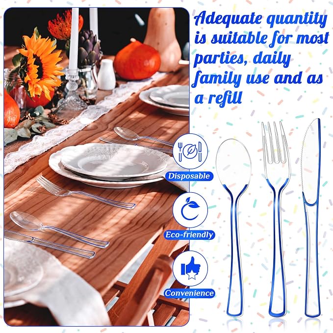 Minatee 150 Pcs Blue Plastic Silverware, Clear Disposable Cutlery Set Heavy Duty Utensil Sets 50 Forks 50 Knives 50 Spoons for Birthday Party Home Office School Picnics Restaurant Outdoor Events