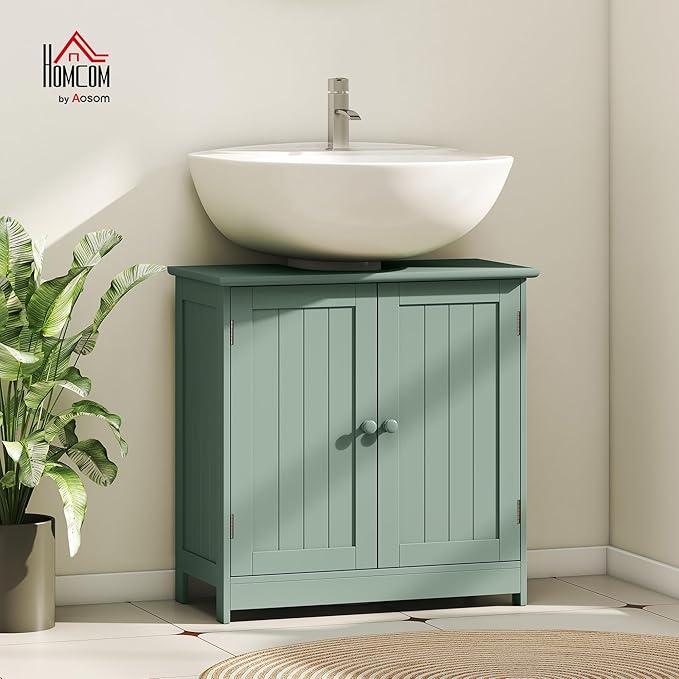 HOMCOM Under Sink Bathroom Cabinet, Pedestal Sink Storage Cabinet with 2 Doors, Shelf and U-Shape, Dark Green