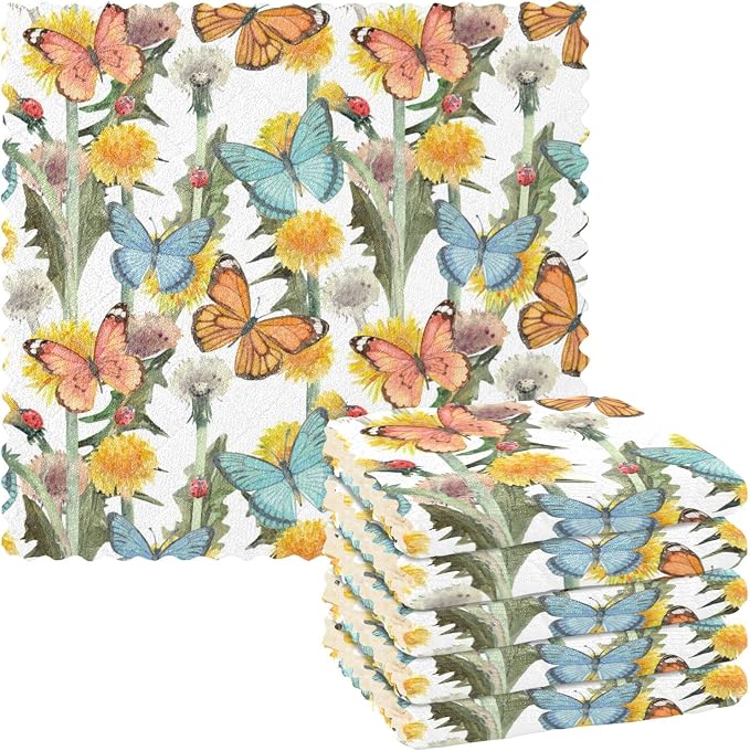 CaTaKu Wild Flower Butterfly Kitchen Towel Set of 6 Reusable Cleaning Cloths Bar Hand Towel Dishcloths