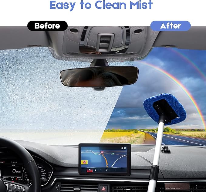 AstroAI Windshield Cleaner, Microfiber Car Window Cleaner with 12 Reusable and Washable Microfiber Pads and Extendable Handle Auto Inside Glass Wiper Kit, Blue, 3 Pack
