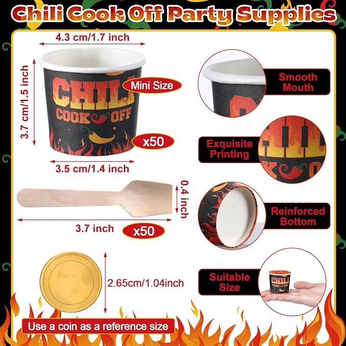Teenyyou 100 Pcs Chili Cook off Party Decorations, 50 Pcs 2 oz Mini Chili Cook off Tasting Cups Disposable Sample Paper Cups and 50 Wooden Spoons for Competition Prizes Party Cooking Supplies(Black)