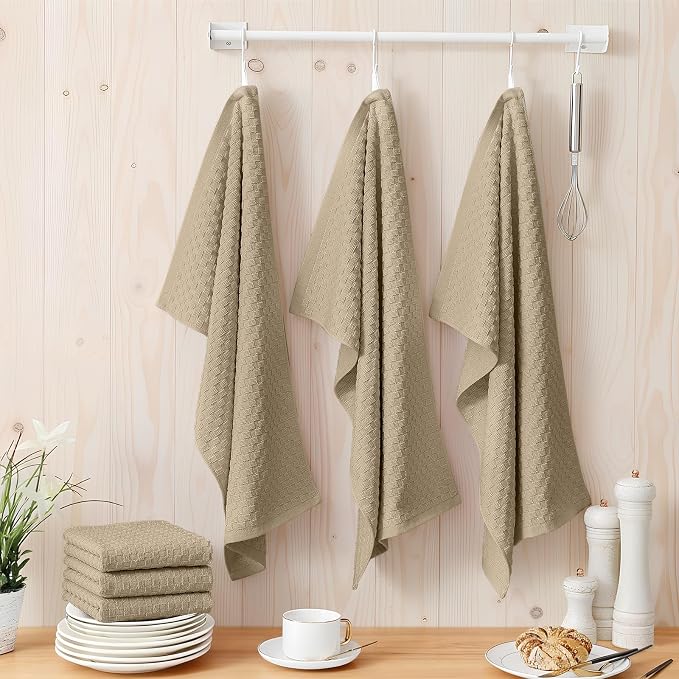 Homaxy 100% Cotton Terry Kitchen Towels(15" x 25", 4 Pack), Soft and Super Absorbent Dish Towels, 380 GSM Reusable Tea Towel with Hanging Loop, Pineapple Grid Designed, Tan