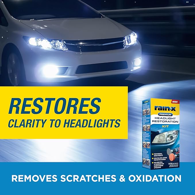 Rain-X 610153 Headlight Restoration Kit - Car Light Lens Cleaner/Restorer with Sanding & Polishing Drill Attachments & Sealant Wipe, Removes Scratches & Oxidation- All in 1 Long Lasting Formula