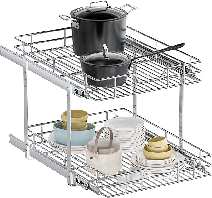 2-Tier Pull Out Cabinet Organizer, 22.5" W x 21.5" D, Heavy Duty Dual Slide Out Shelves for Wide Base Cabinets, Chrome Wire Basket Drawer for Pots, Pans, Pantry & Cleaning Supplies